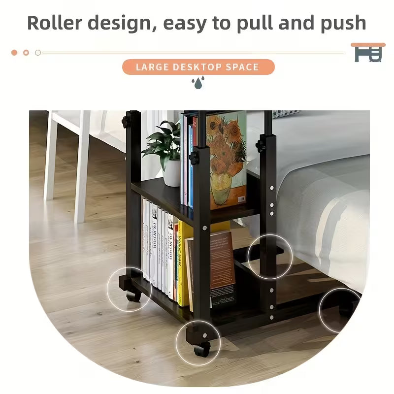 Height Adjustable Foldable Mobile Computer Desk Table with Wheels And Storage Drawers